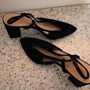 INC International Concepts Black Suede Pointed Block Heels with Ankle Tie Detail
